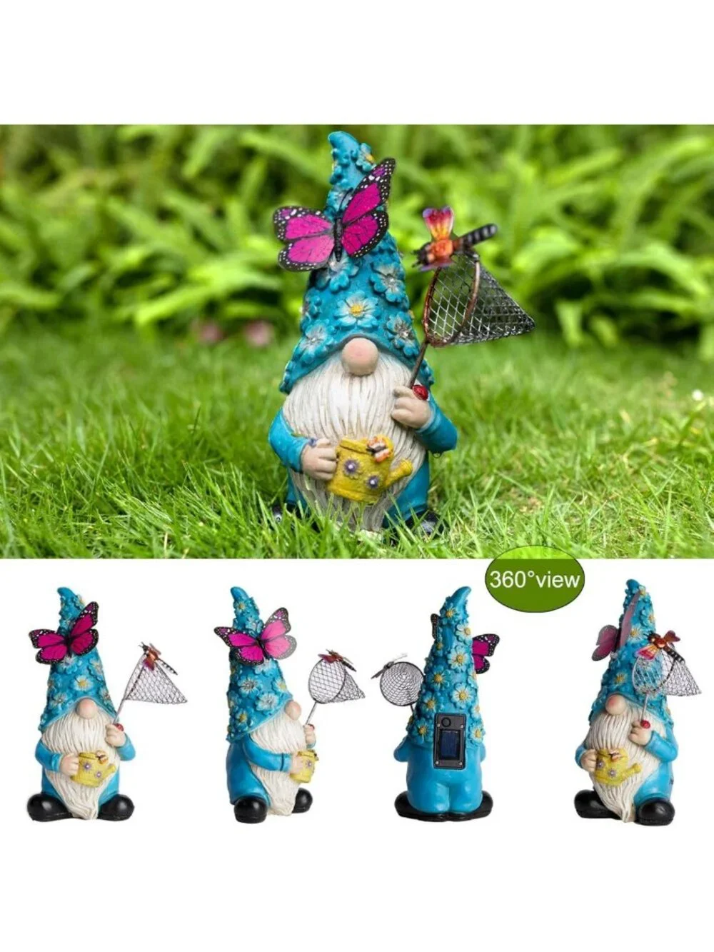 Solar Garden Gnome Statue with Butterfly & LED Flowers - Outdoor Decor for Patio